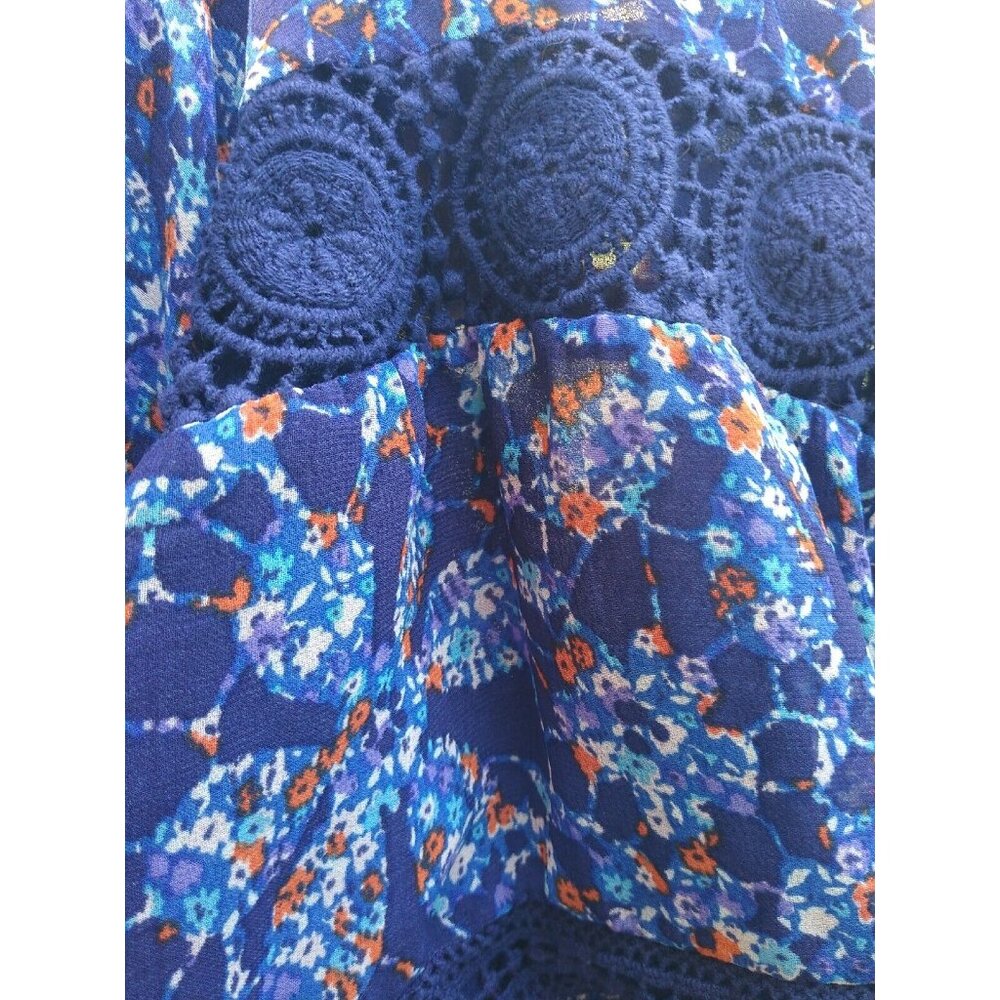 Daniel Rainn Womens XS Boho Tank Top Sleeveless Blue Floral Lace Tiered Back Tie - Picture 5 of 7